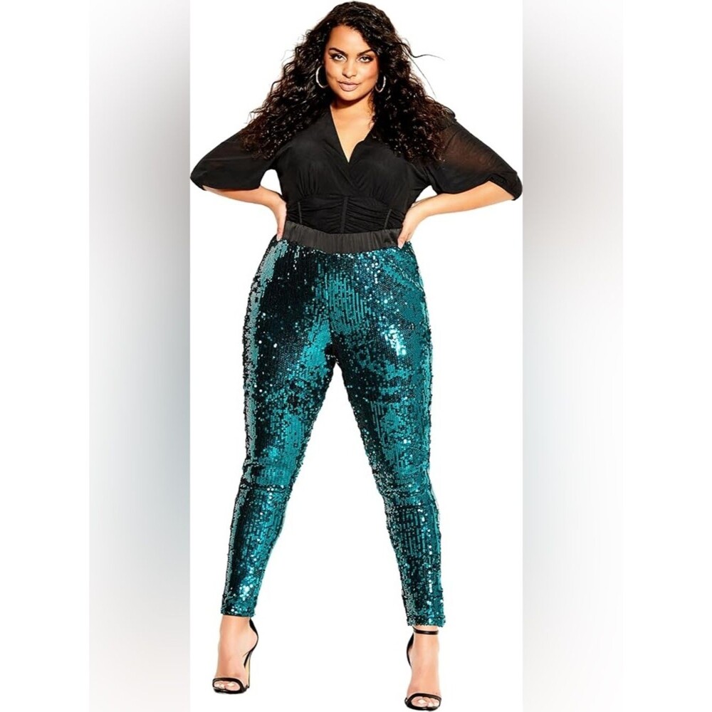 City Chic Sequin Party Pant in Emerald Green XXL/24
